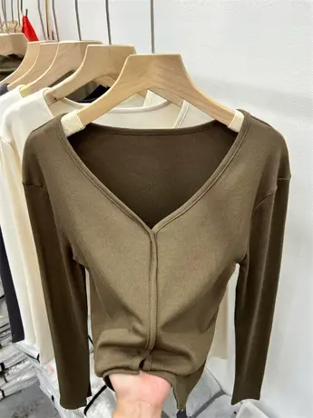 慵懒风V领长袖时髦螺纹体恤女2023年早秋新款上衣弹力修身针织衫商品大图