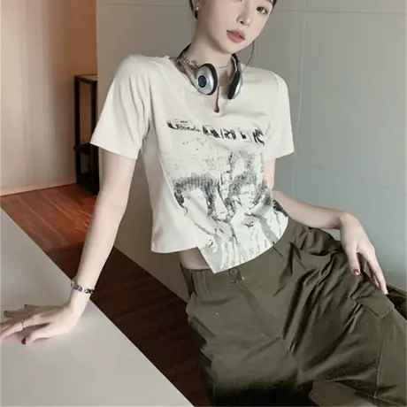 不规则短袖t恤女2023年夏季新款小心机设计感小众高腰短款上衣潮商品大图