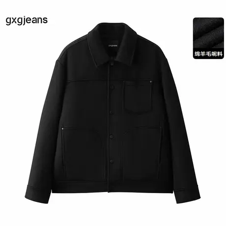 gxg.jeans男装 黑色简约基础宽松羽绒呢外套短款大衣 24年冬季图片