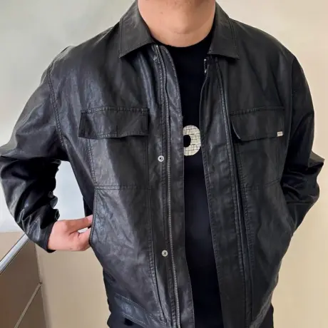 大依无忧码男装春秋新款帅气胖子加肥加大男士短款翻领PU夹克皮衣商品大图