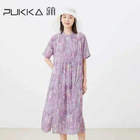 蒲PUKKA原创设计女装2023夏季苎麻艺术印花立领短袖新中式连衣裙图片