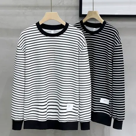 肌理感纹卫衣男士秋季新款长袖套头宽松男生休闲百搭潮牌条纹T恤图片