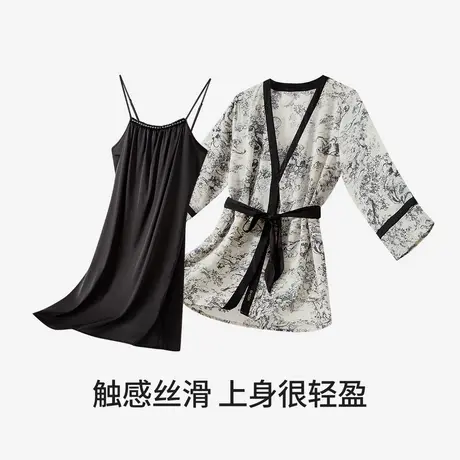 茜施尔新款中式风宽松水墨碎花吊带裙薄2件套睡裙女睡袍睡衣套装S商品大图