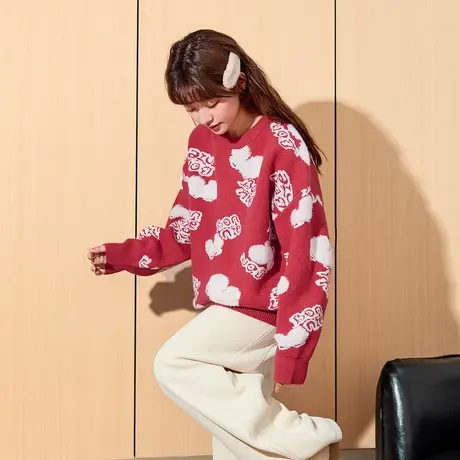 唐狮毛衣新款套头春秋女红色韩版宽松慵懒风毛线衫小个子上衣图片