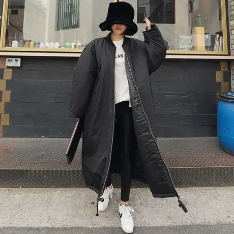 2018韩版中长款过膝棉衣女宽松bf立领学生加厚羽绒棉服棉袄外套潮图片