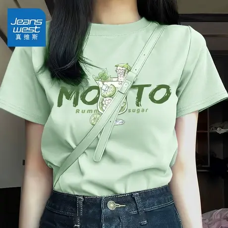 KWV真维斯纯棉短袖t恤女2025新款夏季纯棉圆领正肩独特别致上衣女商品大图