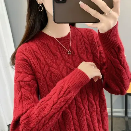 圆领毛衣女秋冬新款宽松纯色短款麻花洋气百搭打底针织衫上衣套头商品大图