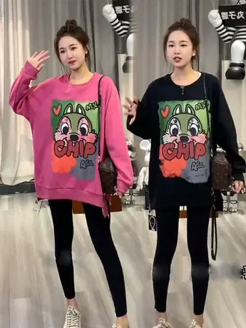 韩版卡通字母慵懒风圆领宽松中长款百搭卫衣显瘦女款侧边拉链上衣商品大图