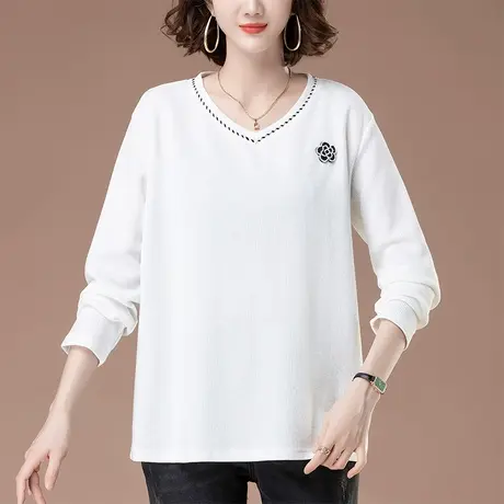 V领长袖打底衫女春秋季新款宽松加肥加大码女装休闲遮肚显瘦上衣图片