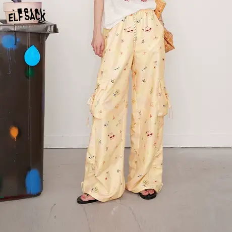 妖精的口袋满印工装风阔腿裤2025年夏季新款宽松设计感休闲裤子商品大图