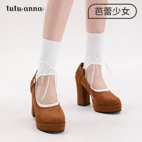 tutuanna袜子女中筒袜 纯色字母提花芭蕾风丝带蝴蝶结棉袜女短袜图片