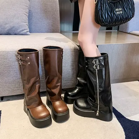 复古厚底长筒靴女2025年新款秋季配裙子高筒靴子百搭显瘦骑士靴子商品大图