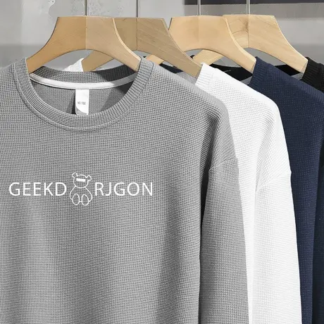 2023新款华夫格圆领卫衣男小熊长袖t恤套头无帽上衣宽松潮流百搭图片