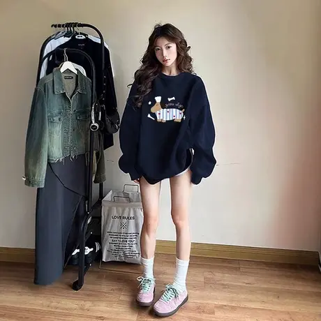 蓝色圆领卫衣女oversize大码宽松正肩加绒外套ins潮秋冬卡通上衣商品大图