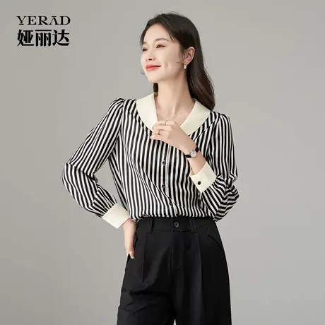 娅丽达法式条纹拼接衬衫女2025年秋季复古撞色优雅娃娃领上衣商品大图