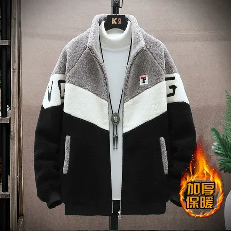 青少年冬季2023年新款夹克男中学生加厚保暖羊羔毛绒立领冬装外套商品大图