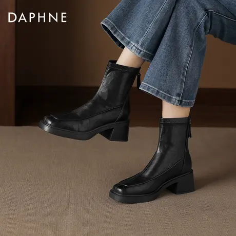 达芙妮高跟短靴女款女士2026新款黑色女靴粗跟瘦瘦方头秋冬皮靴子商品大图