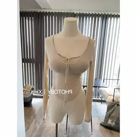 现货~Onoev秋新款系带长袖紧身收腰长袖纯色T恤图片