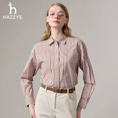 【商场同款】Hazzys哈吉斯条纹长袖衬衫女2025年秋季新款宽松衬衣图片