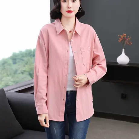 纯棉衬衫女宽松翻领长袖POLO衫秋季新款中老年妈妈休闲百搭打底衫图片