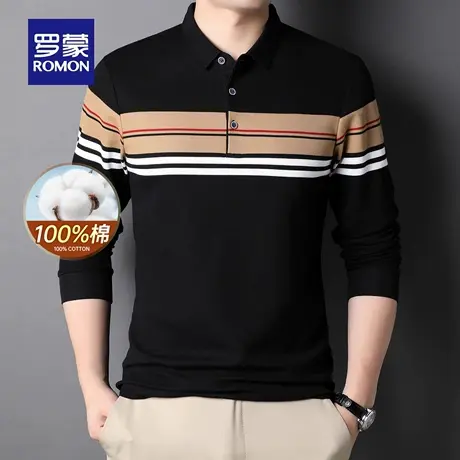 【纯棉】罗蒙男士商务休闲长袖POLO衫2025秋季新款时尚翻领T恤衫图片