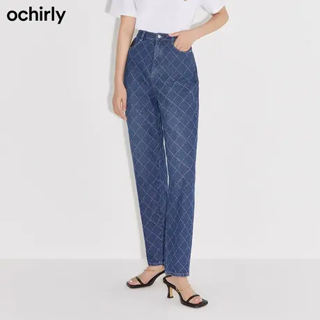 【品牌甄选】欧时力新款冬装菱格提花磨白萝卜裤高街休闲牛仔长裤图片