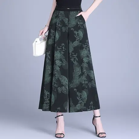 气质缎面印花阔腿裤九分裤女夏季2025新款垂感宽松大脚裤休闲裙裤图片