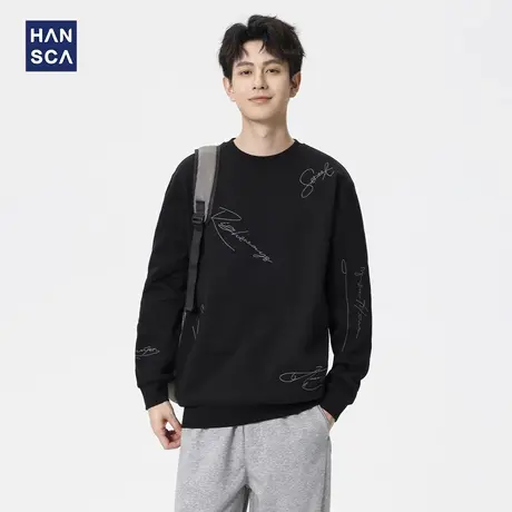 hansca秋季潮牌刺绣套头卫衣男士420g重磅黑色宽松插肩袖针织上衣商品大图