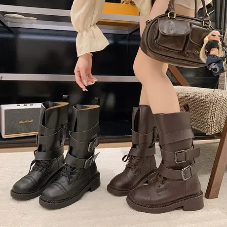 复古英伦风短靴女2025秋季新款高级粗跟增高马丁靴百搭气质骑士靴商品大图