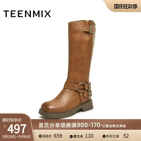 天美意厚底高筒长靴骑士靴女西部靴复古皮靴子2023冬新款NQX29DG3图片