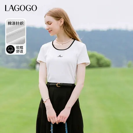 LAGOGO拉谷谷白色短款正肩T恤女夏新款百搭撞色修身刺绣针织短袖商品大图