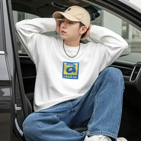 唐狮新款秋季男长袖t恤纯色宽松打底衫上衣趣味图案潮帅气TD图片