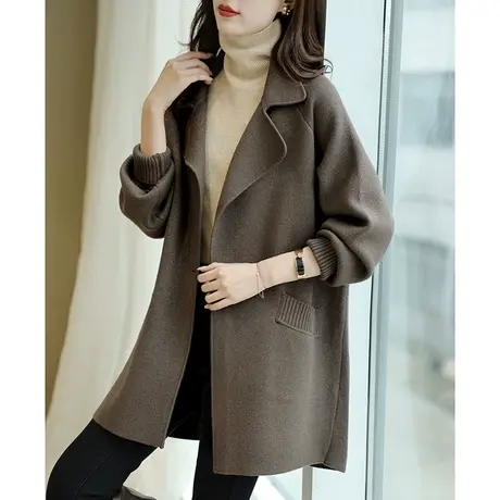 宝诗黎西装领中长款亮丝针织外套2023秋新款宽松时尚一粒扣上衣女商品大图
