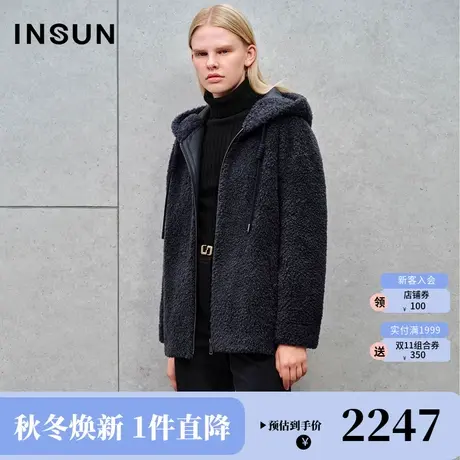 恩裳2023冬款新款减龄颗粒羊毛休闲抽绳连帽宽松廓形保暖毛毛外套商品大图