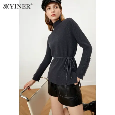 YINER音儿商场同款女装2021冬季新款亮丝高领羊毛混纺针织衫商品大图