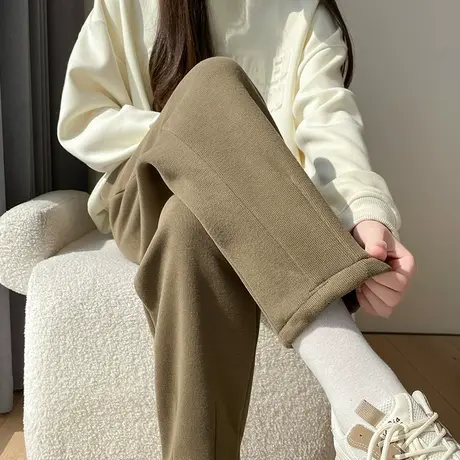 加绒直筒卫裤女冬季高腰宽松梨型身材显瘦小个子九分哈伦运动裤子图片
