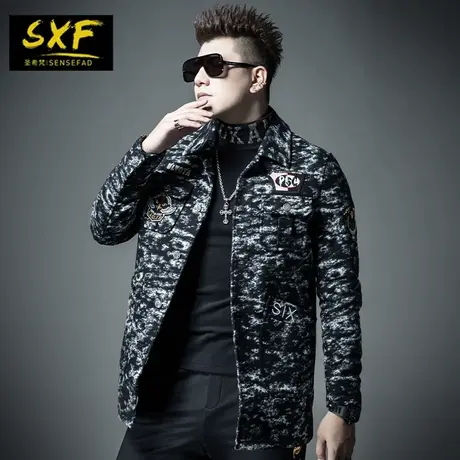 SXF圣希梵迷彩毛呢大衣男 2020新款翻领呢外套刺绣呢子男士大衣潮图片
