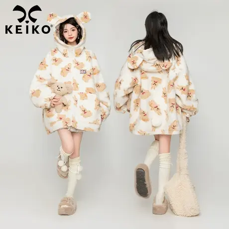 KEIKO [夹棉] 时髦小熊图案羊羔毛外套2023冬季可爱保暖毛绒棉服商品大图