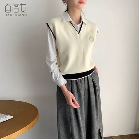 百洛安学院风V领宽松无袖毛衣马甲女秋冬款叠搭字母刺绣针织背心商品大图