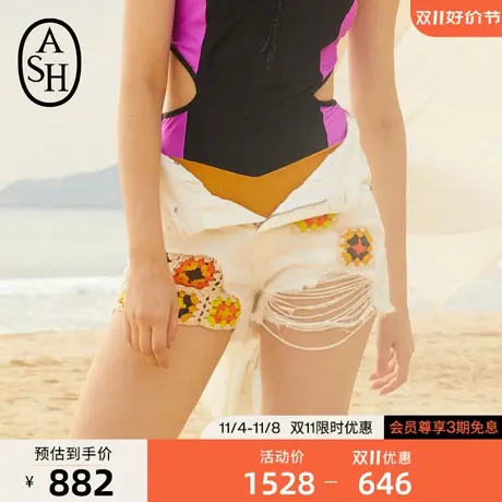 ASH女装新款时尚简约休闲裤潮流百搭拼接牛仔短裤女图片