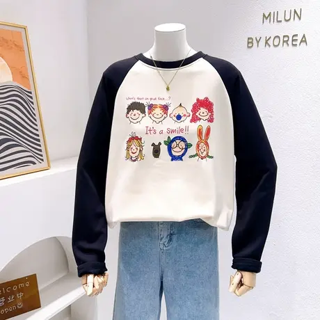 秋冬款加绒长袖上衣ins童趣涂鸦拼色宝宝绒T恤打底衫软糯大码欧货商品大图