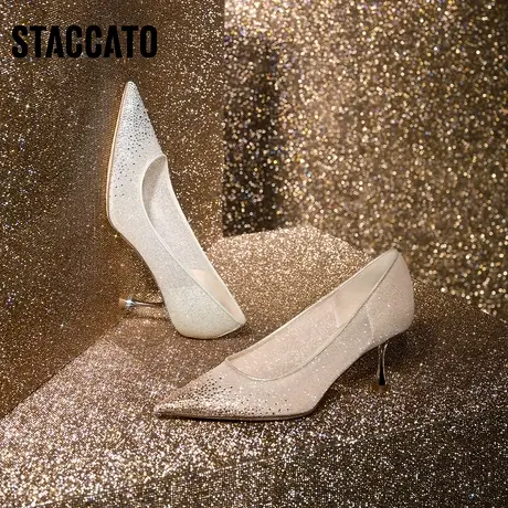 思加图新款钻石仙女鞋法式高跟鞋细跟婚鞋女浅口单鞋ED337AQ3商品大图