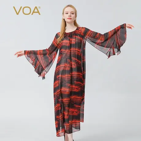 VOA真丝乔其纱红色圆领印花荷叶袖微透宽松时尚长款桑蚕丝外套图片
