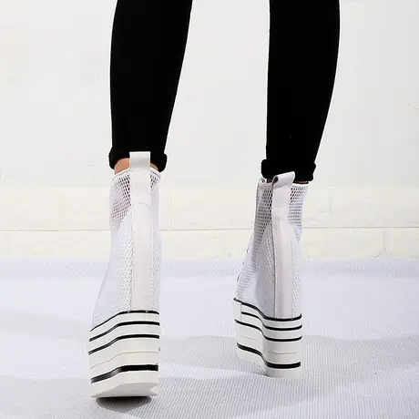 内增高休闲鞋16cm婚礼神器小白鞋坡跟高帮鞋女厚底透气网面松糕鞋商品大图