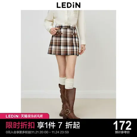 乐町学院风半身裙2023年秋季新品咖色格纹短裙女装简约时尚方块裙商品大图