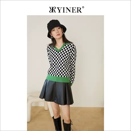 *YINER音儿奥莱女装冬季时尚撞色棋盘格纹V领针织衫商品大图