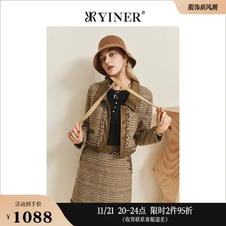 YINER音儿女装冬季翻领羊毛小香风粗花呢短外套图片