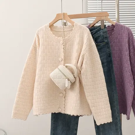 23089圆领针织衫女长袖纯色拼接百搭上衣宽松毛衣开衫时尚外套商品大图