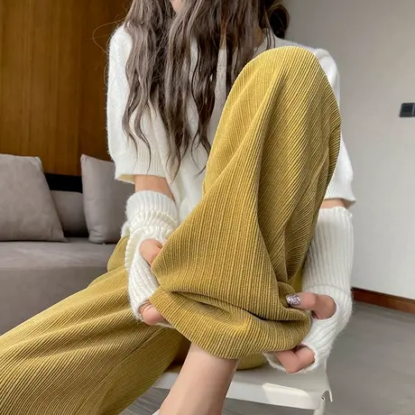 雪尼尔阔腿裤女春秋黄色休闲裤子高腰显瘦灯芯绒拖地宽松直筒裤商品大图