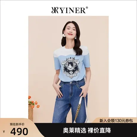 【赫本猫联名】YINER音儿女装2023夏新款短袖印花针织衫商品大图